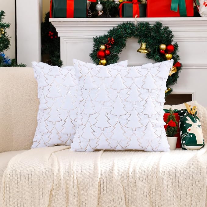 VAKADO Christmas Throw Pillow Covers 20x20 Set of 2 Embroidered Decorative Xmas Cushion Cases Holiday Soft Home Decor for Bedroom Sofa Chair Porch Winter, White