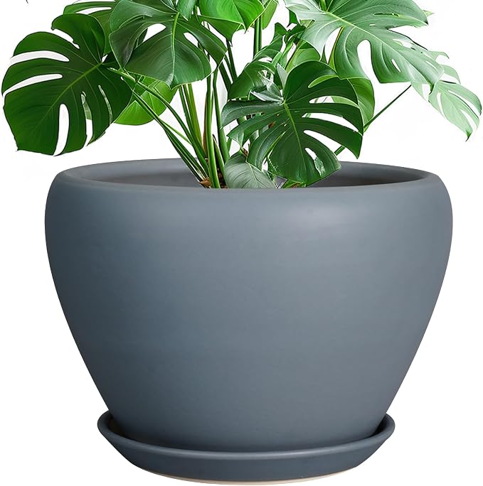Ceramicfor 10 Inch Plant Pot, Ceramic Planter, Matte Gray | Planter for Indoor Plants, Large Plant Pot with Drainage Hole and Saucer, Round Planter, Modern Flower Pot, Home Decor