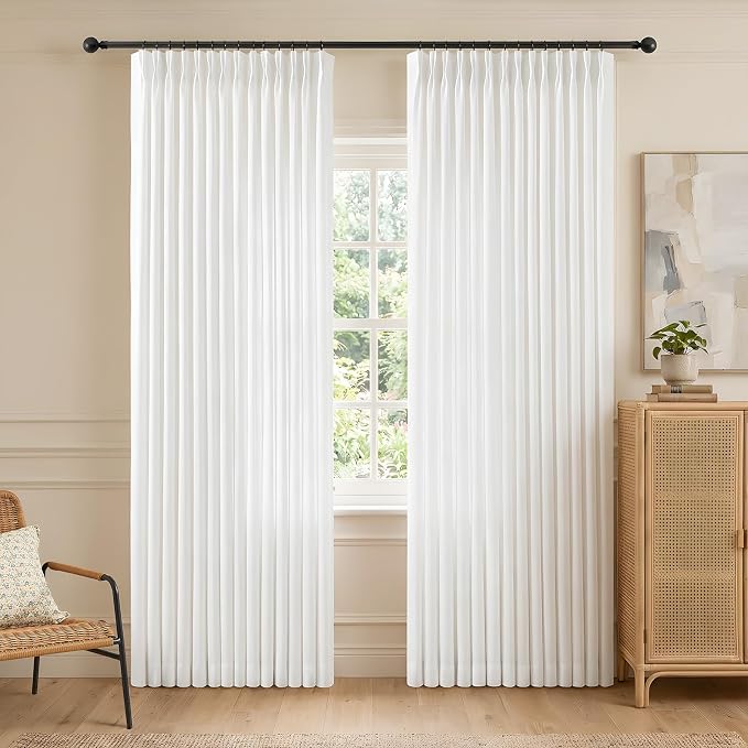 Pinch Pleated Linen White Curtains Light Filtering Drapes for Living Room | Bedroom, Semi Sheer, Pinch Pleat, Linen Blend, Hook Rings, Memory Shape, Privacy, Thick, Snow White, W40xL84, 2 Panel