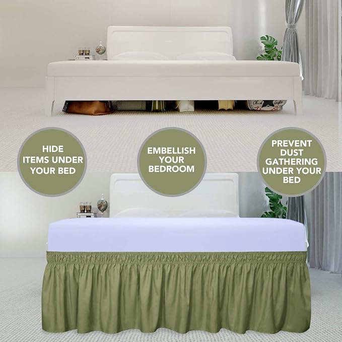 PureFit Wrap Around Ruffled Bed Skirt, Light Green, Queen/King - 22" Drop | Wrinkle Free Bedskirt Dust Ruffles, Easy to Put On Frame Cover with Adjustable Elastic Belt