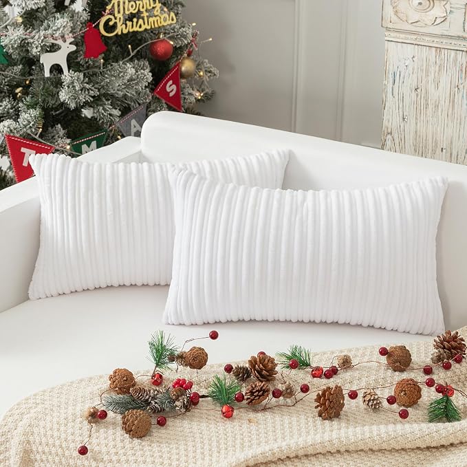 Kevin Textile Striped Corduroy 12”x20” Pillow Covers 2 Pack, Pure White