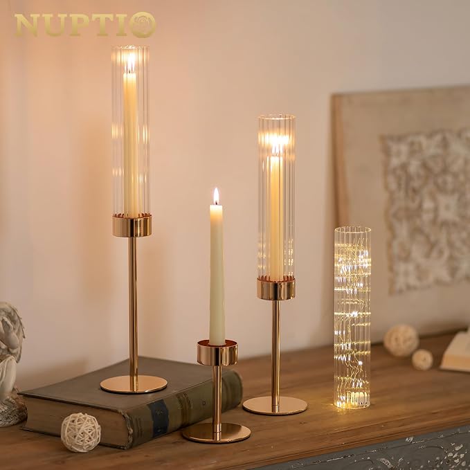NUPTIO Hurricane Candle Holder for Centerpiece: Set of 6 Tall Candle Stick Holder with Ribbed Glass Cover - Bulk Fluted Taper Candlestick Decor for Living Room Thanksgiving Christmas