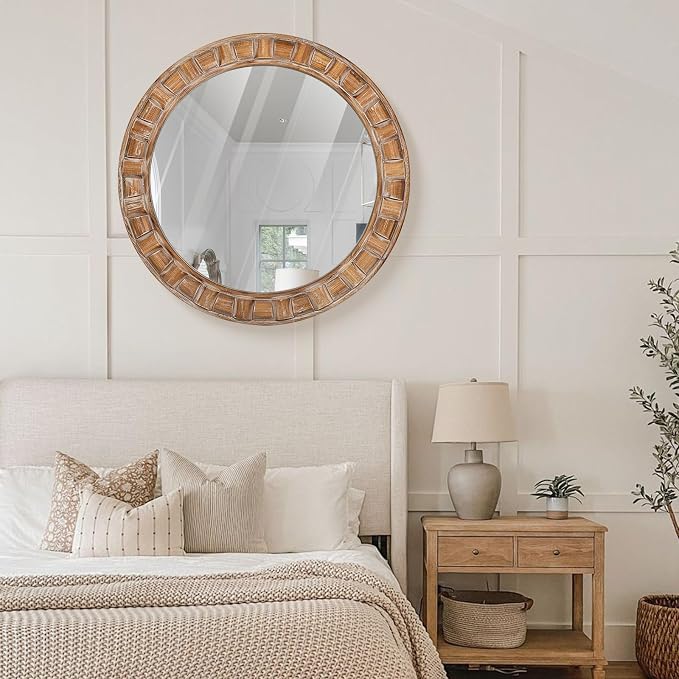30 Inch Brown Solid Wood Round Wall Mirrors | Decorative Circle Mirror for Bathroom, Bedroom, Living Room, Hallway, Foyer, Entryway