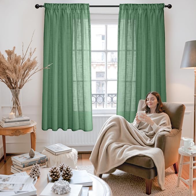 YoungsTex Green Linen Semi Sheer Curtains 63 Inch Length - Short Light Filtering Drapes with Back Tab Rod Pocket Lightweight for Living Room Window, 2 Panels, 42 X 63 Inch