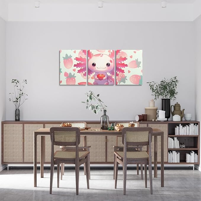 Feelyou Kids Cute Axolotl Wall Painting Posters Kawaii Animal Picture Wall Decor Strawberry Canvas Wall Art for Living Room Bedroom Boys Girls Princess Cute Fruit Bathroom Wall Art 12"x16"x 3Pcs