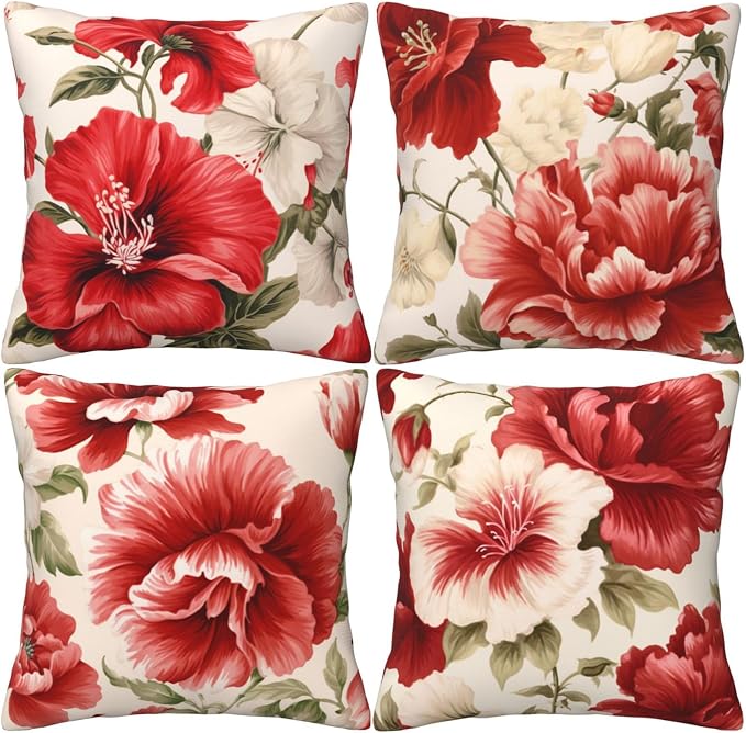 Red Floral Throw Pillow Covers 18x18 inch Set of 4 Hibiscus Flowers Chinoiserie Pillow Cases Spring Decorative Cushion Covers for Sofa Couch Bed