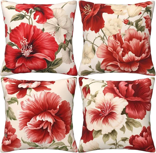 Red Floral Throw Pillow Covers 18x18 inch Set of 4 Hibiscus Flowers Chinoiserie Pillow Cases Spring Decorative Cushion Covers for Sofa Couch Bed
