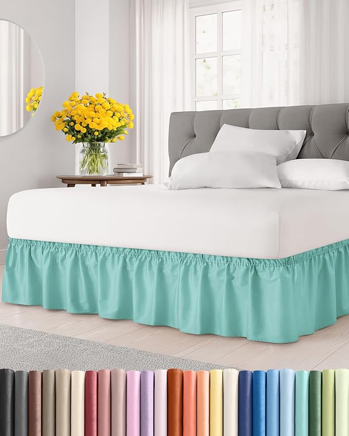Wrap Around Dust Ruffle Bed Skirt - College Dorm Room - Twin/Twin XL | Spa Blue, 24 Inch Drop, Elastic Strap & Adjustable Pleated Bedskirt, Wrinkle Free, for Women, Men, Students, Kids & Teens