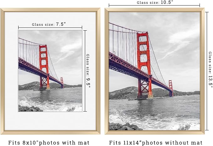 Frametory 11x14 Gold Aluminum Metal Picture Frame Mat for 8x10 Glass