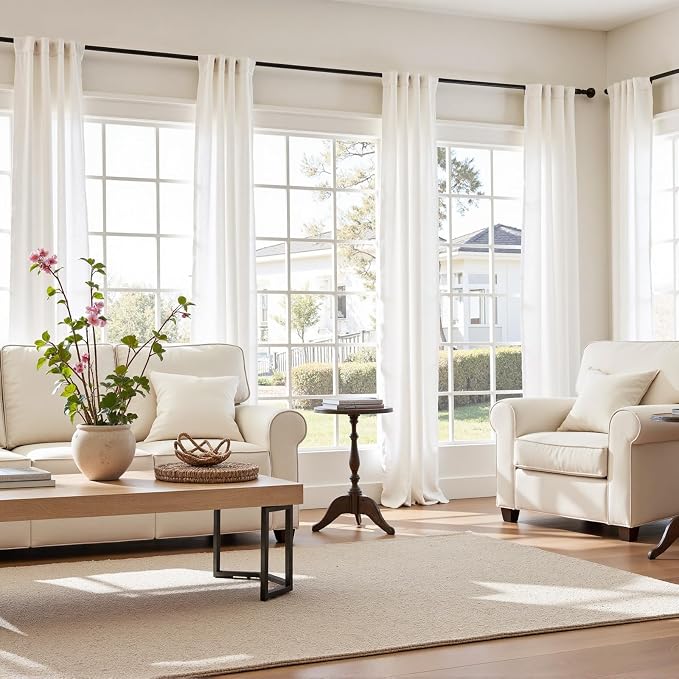 jinchan Linen Curtains Light Filtering Back Tab 38x96 Inch 2 Panels White | Semi Sheer Curtains 96 inch length for Bedroom Living Room, Modern Farmhouse Drapes with Rod Pocket, Natural Boho Curtains