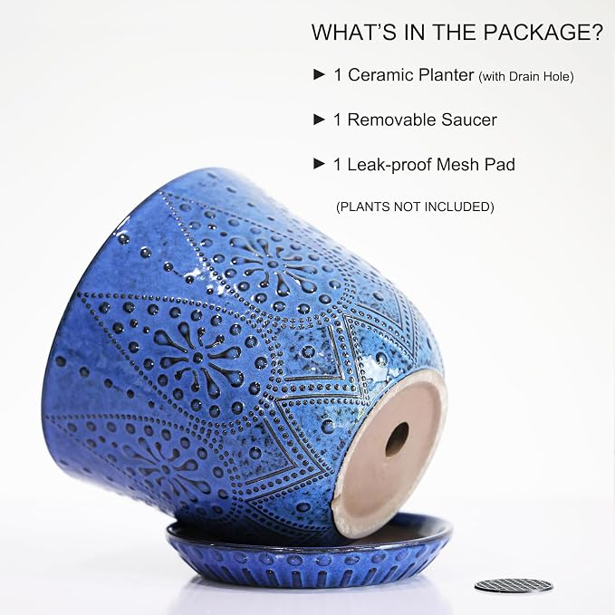 Gepege 8 Inch Ceramic Plant Pot with Drainage & Saucer | Large ceramic plant pot with drainage hole, ceramic saucer and mesh pad, ideal for indoor plants, flowers and houseplants