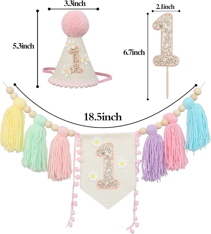 JUIIZAY Pastel First Birthday Decorations for Girl 1st High Chair Banner