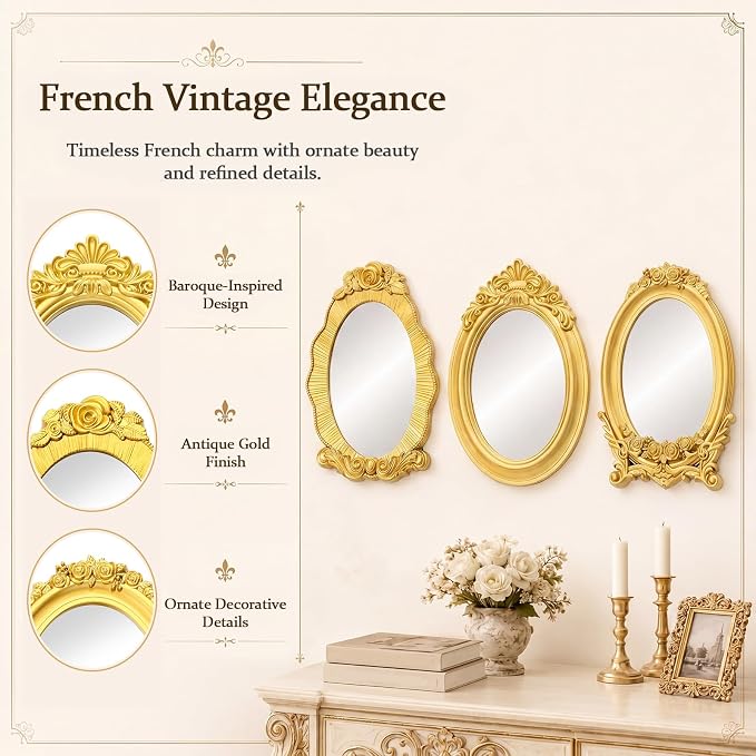 Mifoci Vintage French Wall Mirror Set of 3 Antique Gallery Decor,Oval