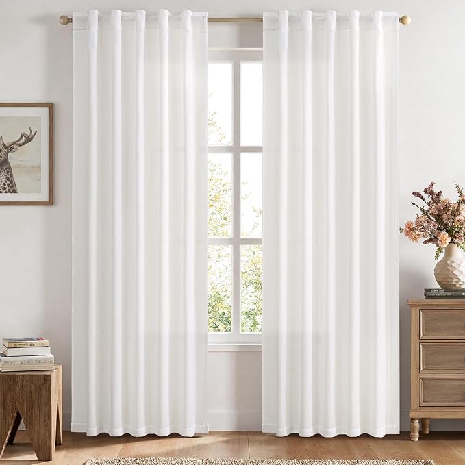 MIULEE Faux Linen Curtains 72 Inch Length 2 Panels Heathered White Semi Sheer Curtain with Back Tab Rod Pocket, Light Filtering Window Privacy Burlap Drapes for Living Room Bedroom 42W x 72L