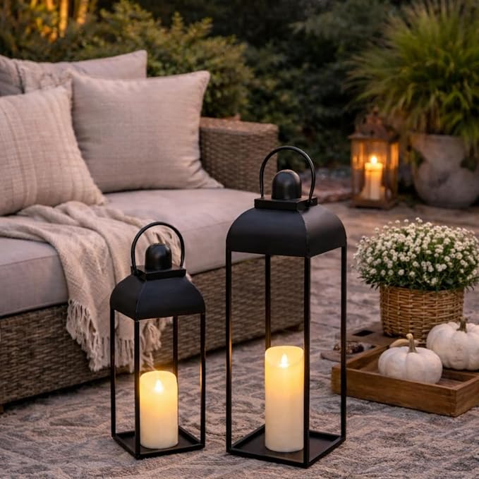 25'' 19'' Lanterns Decorative Outdoor Indoor, Black Metal Outdoor Lanterns | Set of 2 No Glass Modern Farmhouse Decorative Lantern with Candle and Remote Control for Fireplace, Patio, Porch, Floor