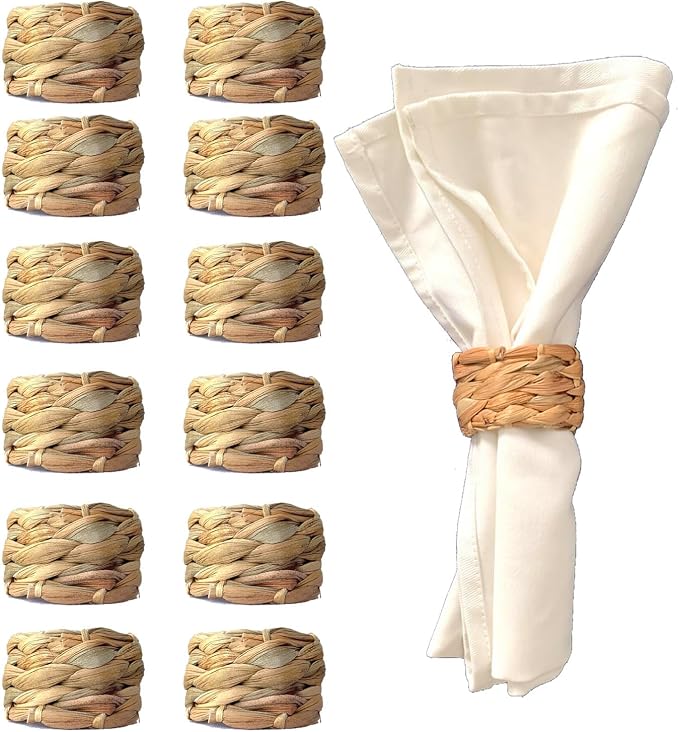 Set 12 Water Hyacinth Napkin Rings, Handwoven by Laquedecraft | Handwoven 100% Natural Water Hyacinth Napkin Rings, Fits Most Cloth Napkins, Reusable & Easy to Clean