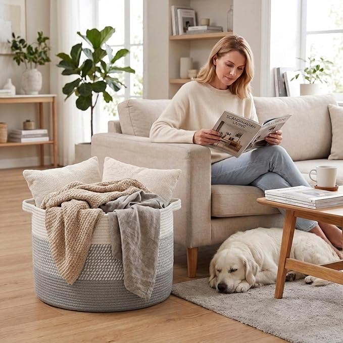 90L Extra Large Blanket Basket,Woven Rope Laundry Basket-Grey | Collapsible, reinforced handles, nursery storage bin organizes clothes, toys and pillows for living room, bedroom bathroom