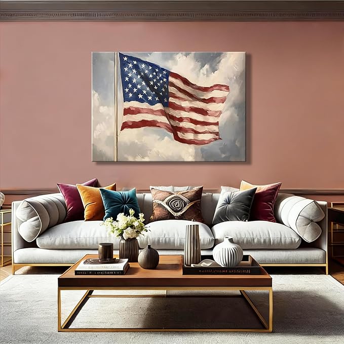 Vintage American Flag Framed Canvas Wall Art 12x18in, Patriotic Oil Painting Canvas Print, 4th of July Independence Day Wall Decor for Living Room, Bedroom, Office, Made in USA