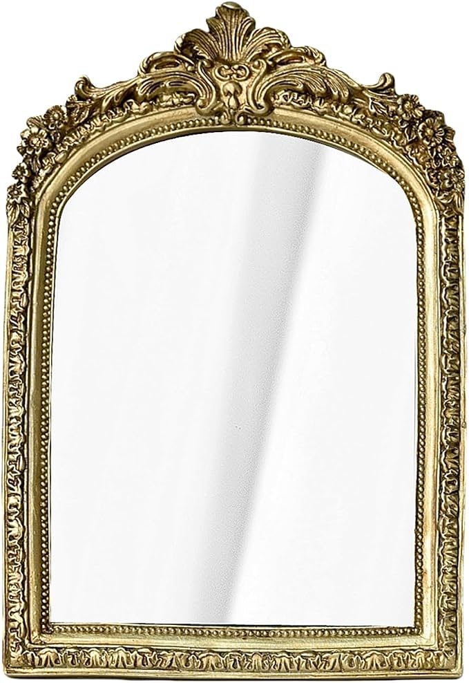 TenFuju 11” x 9.5” Small Gold Vintage Wall Mirror, Antique Gold Resin Baroque, Decorative Hanging & Tabletop