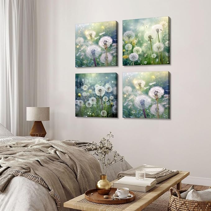 Dandelion Canvas Wall Art Nature Floral Artworks for Living Room Bathroom Decorations White Dandelion Pictures Flower Canvas Prints Framed Painting Bedroom Bathroom Wall Decor Ready To Hang 24x24"4Pcs