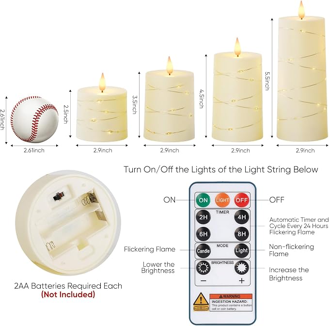 Raycare Ivory Flameless LED Pillar Candles Battery Operated Remote Timer
