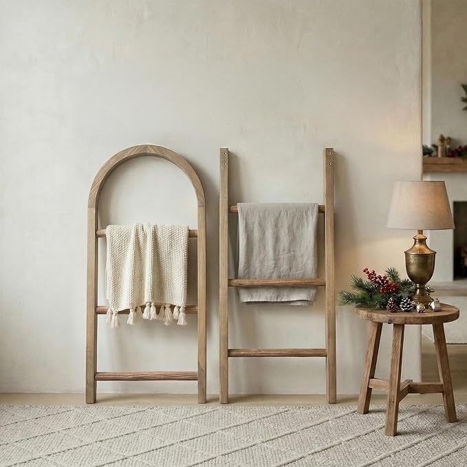 Wooden Blanket Ladder - Natural & Motley Wood - Leaning Wall Decor for Bedroom, Bathroom, Living Room - Rustic Quilt Holder & Towel Rack (Natural Wood Color-Curved, 76in（6-Tier）)
