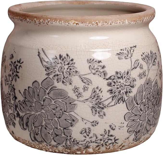 Modern Farmhouse Ceramic Planter & Vase with Drainage for Indoor Plants | 6.29" Vintage Distressed Plant Pot, Rosemary & Succulent Pots, Decorative Pottery Vase, Office Balcony Decor, Gift (Gray)