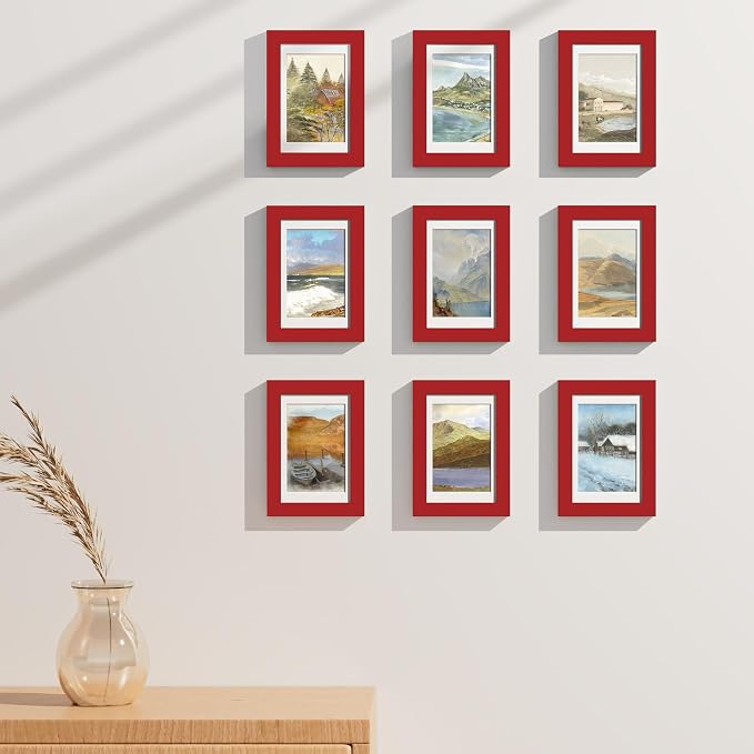 Vittanly 4x6 Picture Frames Set of 9 for Wall or Tabletop Display, Red | Display Pictures 3.5x5 with Mat or 4x6 without Mat, Small Photo Frames, Engineered Wood with Shatter Resistant Plexiglass