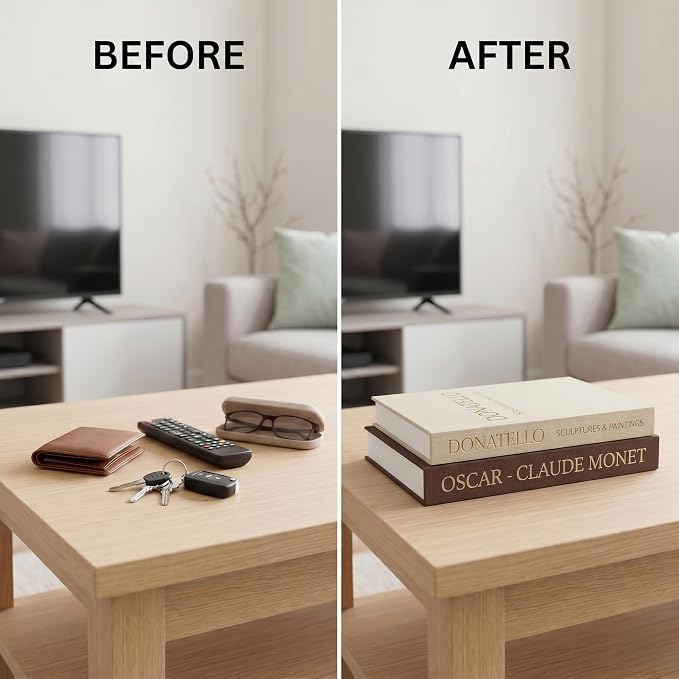 Decorative Books for Home Decor - Set of 2 Faux Books for Decoration with Secure Magnet Closure for Photo Storage and as a Keepsake Box, Coffee Table or Bookshelf Decor (Brown - Beige)
