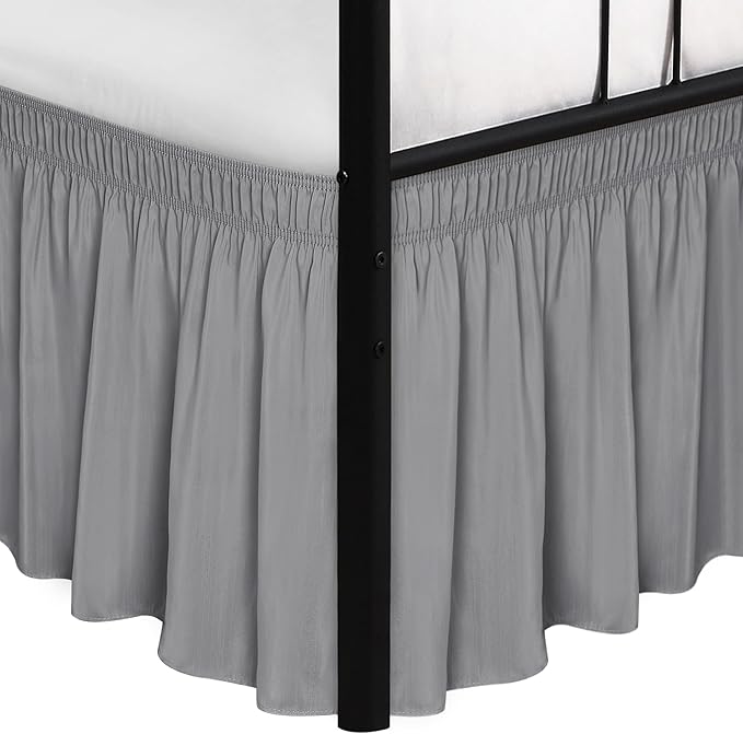 Wrap Around King Size Bed Skirt Split Corner 15" Drop-Elastic Dust Ruffle | Silver Grey Adjustable Pleated Bedskirt-Easy Fit Wrinkle Resistant Washable Bed Skirting-Master Guest Bedroom Couples Hotels