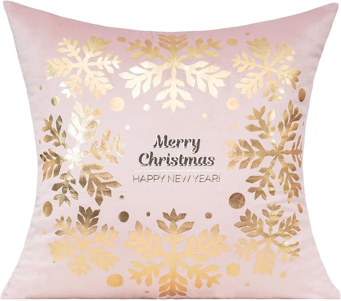 All Smiles Christmas Decorations Throw Pillow Covers Cases 16X16 Set of 4 Winter Xmas Indoor Home Holiday Décor Ornaments Velvet Navidad Cushion for Sofa Tree Snowflake Reindeer，Pink Gold