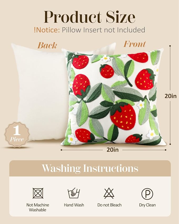 Embroidered Throw Pillow Cover - 20x20 Decorative Pillow Cover with Zipper Aesthetic Cute Design Boho Spring Summer Throw Pillowcase for Living Room Couch Sofa Bed, Leaf Strawberry