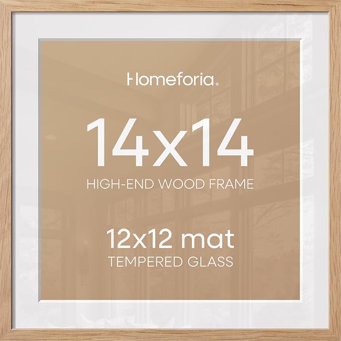 Homeforia 14x14 Natural Oak Picture Frame, High-End Wood, 12x12 Mat, Glass