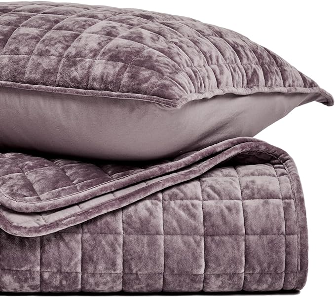 RECYCO Channel Box Stitch Velvet Quilt Set, King Size, Purple | Ultra Soft Lightweight Velvet Comforter, Luxury Oversized Bedspread Coverlet, Quilted Bedding Set for All Season with 2 Shams
