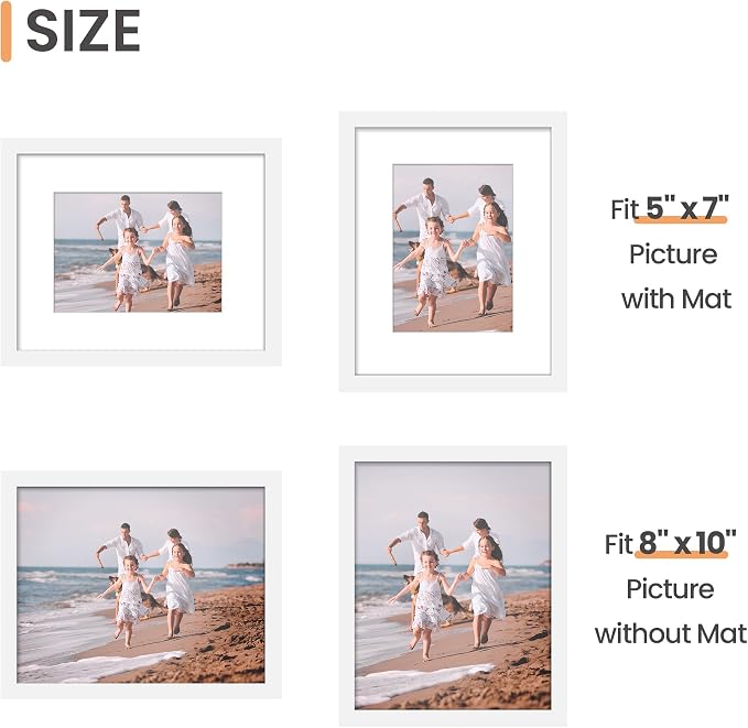 upsimples 8x10 Picture Frame Set of 10, Display Pictures 5x7 with Mat or 8x10 Without, Multi Photo Frames Collage for Wall or Tabletop Display, White