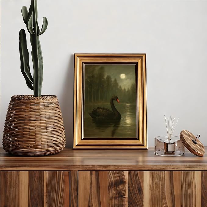 Vintage Gold Framed Wall Art Moonlit Black Swan Lake Wall Decor Picture Dark Academia Gothic Moody Poster Romantic Aesthetic Rustic Antique Print for Gallery Living Room Bedroom Home Decoration 9x11in
