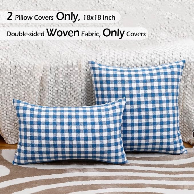 Coastal Decor Light Blue Outdoor Gingham Plaid Throw Pillow Covers 18x18 | Set of 2 Blue Pillow Covers 18 x 18, Vintage Farmhouse Cottage Core Decor, Blue Throw Pillows, Cojines Decorativos Para Sala