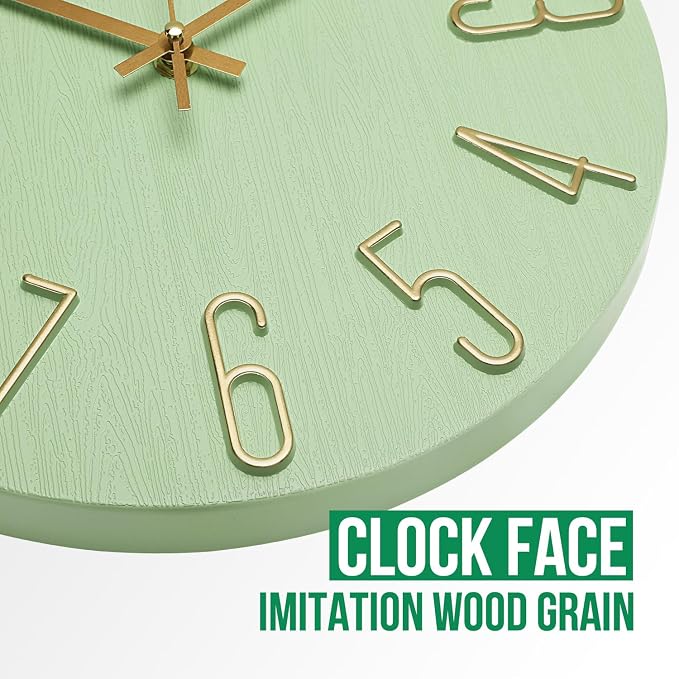 Wall Clock 12 Inch Silent Non-Ticking Imitation Wood Indoor Clock Round Green Decor Clock Modern 3D Figures Quartz Wall Clocks for Home, Hotel, Office, School