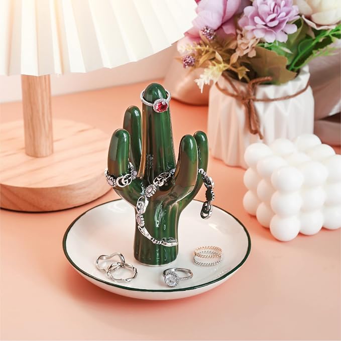 PUDDING CABIN Cactus Ring Holder Green Jewelry Dish for Rings Earrings Bracelets Necklace Organizer, Cactus Gift for Women Birthday Wedding Graduation Christmas Valentines, Room Decor Aesthetic