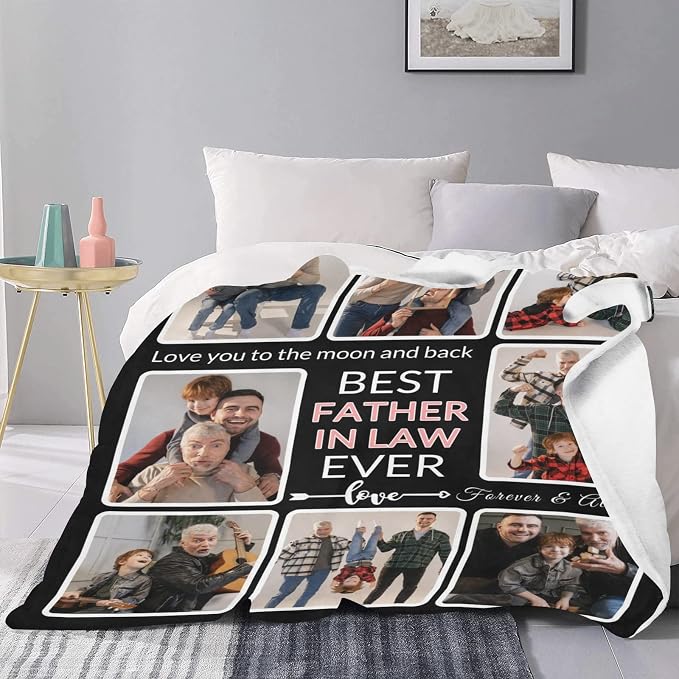 Custom Blanket with Photo, Make a Personalized Blankets with Picture, Customized Memories Souvenir Throws Gifts for Best Father-in-Law Ever, 8 Collage Made in USA