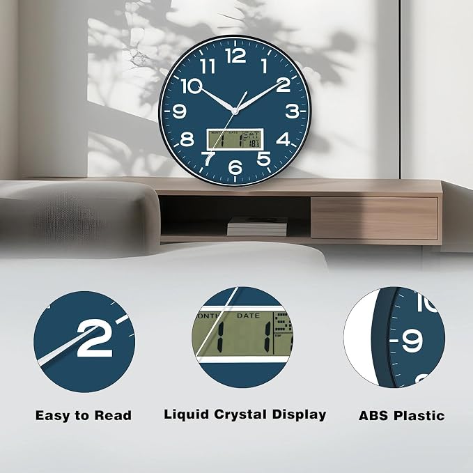 AKCISOT 12 Inch Wall Clock, Silent Battery Operated Analog Clock, Blue | LCD | Office | Kitchen | Living Room | Classroom | Easy-to-read Numbers
