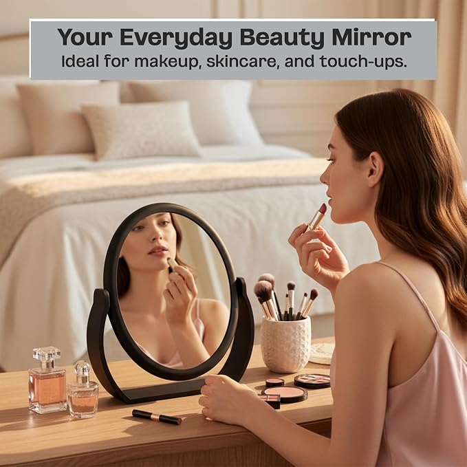 Danielle Creations Oval Soft Touch Vanity Mirror, Black, 1x/7x Magnification Makeup Mirror with Stand, Tabletop & Desk Mirror for Bathroom, Bedroom, Portable Beauty Use