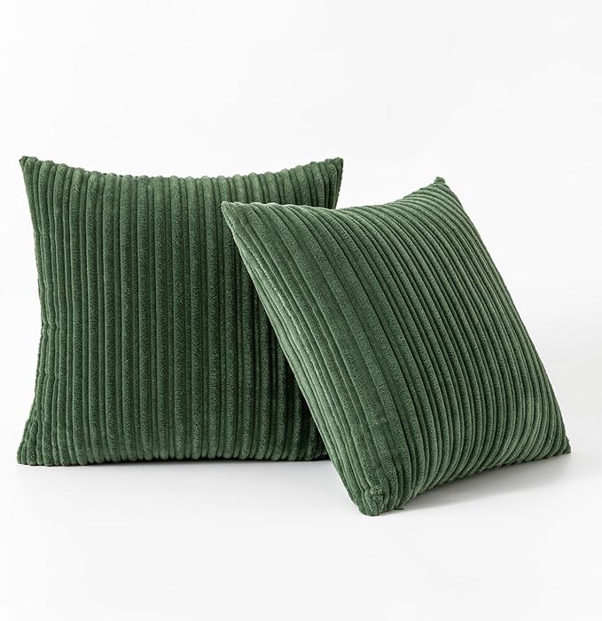 Kevin Textile Striped Corduroy 24”x24” Pillow Covers 2 Pack, Moss Green