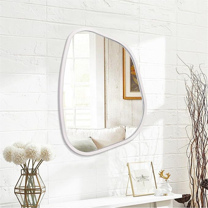Irregular Oval Wall Mirror Large White 20"x16" Inches Asymmetrical Mirror Modern Wood Frame Unique Shape Wall Mounted Vanity Artistic Mirror Decor for Living Room Bedroom Bathroom Entryway