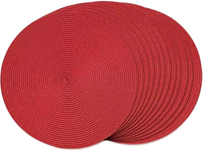 FunWheat Round Braided Placemats Set of 12 Place Mats for Dining Table Woven Washable Non-Slip Table Mats 15 Inch(Red,12pcs)