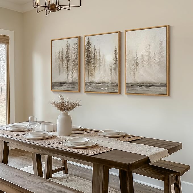 Framed Neutral Abstract Tree Landscape Wall Art for Living Room, 20x30 Inch | 3 piece, Modern, Canvas artwork, Pine tree forest picture, Farmhouse wall decor, Home office art, Ready to hang, Wood frame