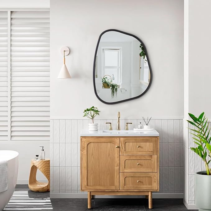Black Asymmetrical Wall Mirror Large 20"x16" Irregular Oval Mirror Modern Wood Frame Unique Shape Wall Mounted Vanity Artistic Mirrors Decorative for Living Room Bedroom Bathroom Hallway