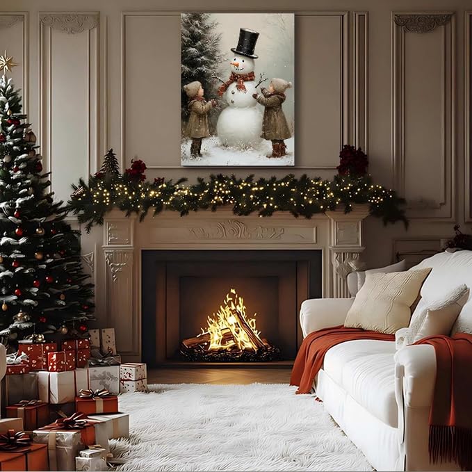 Framed Christmas Decoration 16x24 inch, Vintage Christmas Snowman Boys Xmas Wall Art Prints, Vintage Christmas Pictures Artwork, Farmhouse Christmas Wall Decor for Home Indoor