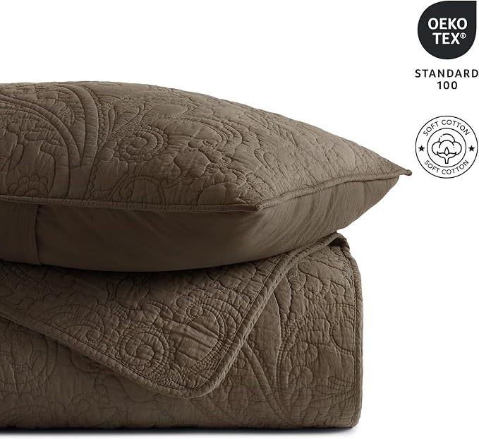 EVERGRACEHOME 100% Cotton Paisley Quilt Set, King Size, Cocoa Brown | Prewashed for Softness, Year-Round Breathability, Gift-Ready Box, Matelasse-style Quilted Coverlet, 3 Piece Set with 2 Shams