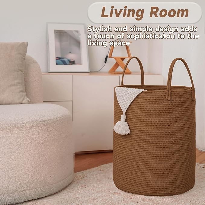 JMvicyroam 60L Cotton Rope Laundry Basket Hamper, Golden Jute | Collapsible Laundry Basket, Reinforced Handles, Freestanding, Machine Washable, Holds 3-5 Thick Blankets, Clothes or Toys